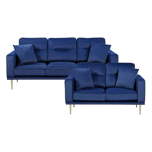 Lazzara Armando 82 in. W Straight Arm Velvet Rectangle 2-Piece Living Room Sofa Set in Blue