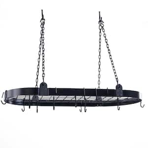 Matte Black Medium Gauge Oval Hanging Pot Rack with Grid and 12-Hooks
