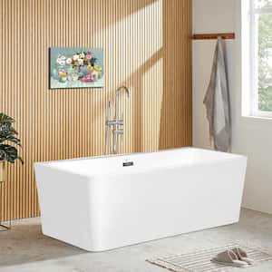 67 in. Acrylic Rectangular Flatbottom Alcove Freestanding Soaking Bathtub in White