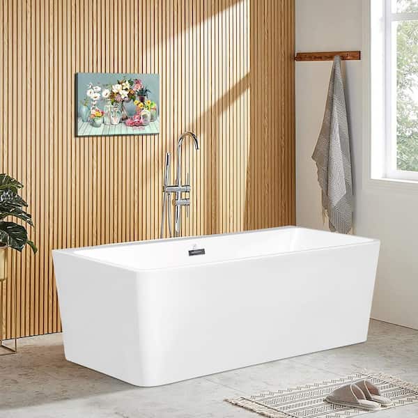 FORCLOVER 67 in. Acrylic Rectangular Flatbottom Alcove Freestanding Soaking Bathtub in White