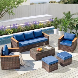 6 Pieces Brown Wicker Outdoor Sectional Set with Blue Cushions for Easy Installation