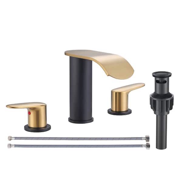 IVIGA Stainless Steel 8 in. Widespread Double Handle Waterfall Bathroom Faucet with Drain and Supply Lines in Black and Gold