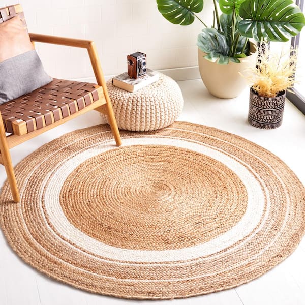 Natural Fiber Beige/Ivory 5 ft. x 5 ft. Woven Striped Round Area Rug