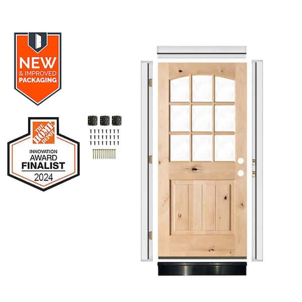 DIY 36 in. x 80 in. Arch Top Left-Hand Clear Glass Unfinished Knotty Alder Wood Front Door Kit w/ Quick Assemble Jamb