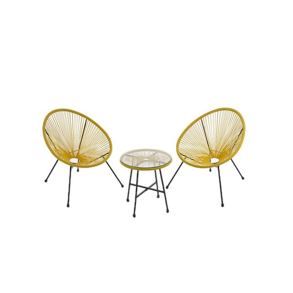 SUNRINX 3-Pieces Wicker Outdoor Acapulco Terrace Furniture Bistro Set in Yellow
