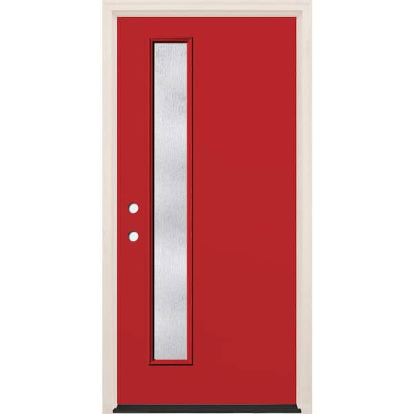 Builders Choice 36 in. x 80 in. Right-Hand/Inswing 1 Lite Rain Glass Ruby Red Painted Fiberglass Prehung Front Door w/6-9/16 in. Frame