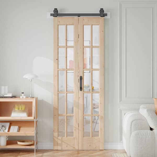30 in. x 84 in. 1-Lite Pre Assembled Clear Glass Solid Core Wood Brown Bi-Fold Door with Hardware