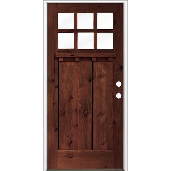 36 in. x 80 in. Knotty Alder Left-Hand/Inswing 6 Lite Beveled Clear Glass Red Mahogany Stain Wood Prehung Front Door DS