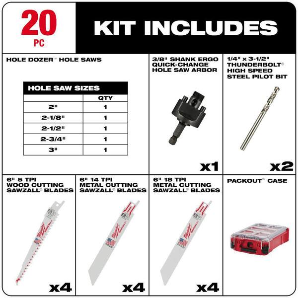 Milwaukee - Hole Dozer Bi-Metal Hole Saw/Sawzall Blade Set with PACKOUT Compact Organizer (20-Piece)