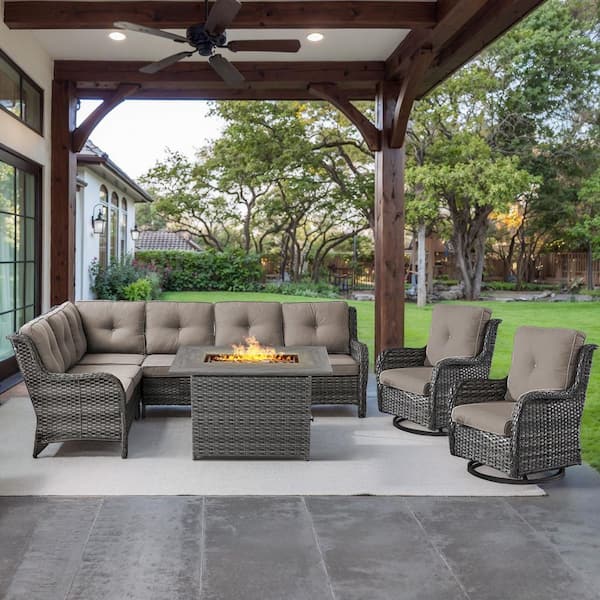 Gray 4-Piece Wicker Patio Fire Pit Set, Outdoor Sectional Seating Set with Olefin Gray Cushions and Swivel Rockers