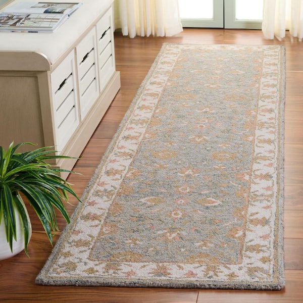 Heritage 2 ft. x 8 ft. Gray/Ivory Border Ornate Floral Runner Rug