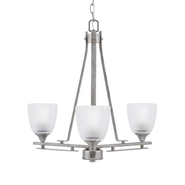 Unbranded Ontario 18.25 in. 3-Light Aged Silver Geometric Chandelier for Dinning Room with Clear Ribbed Shades, No Bulbs Included