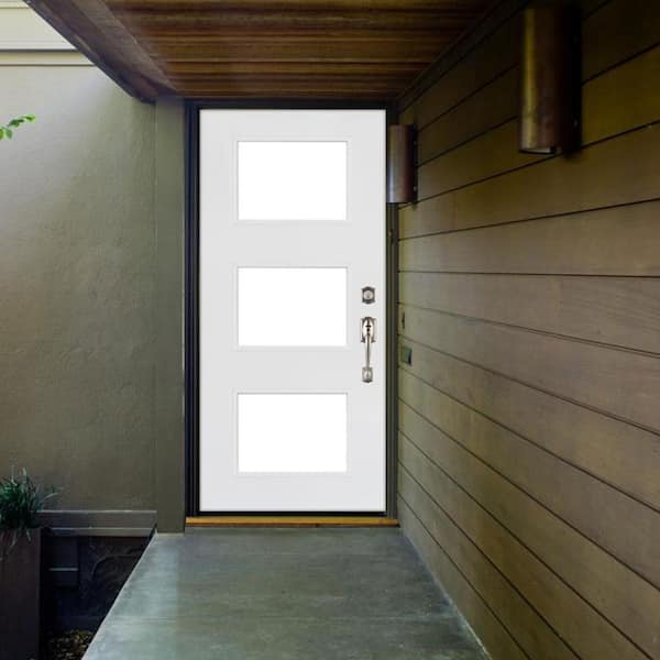 36 in. x 80 in. Smooth White Left-Hand Inswing 3-Lite Low-E Finished Fiberglass Prehung Front Door