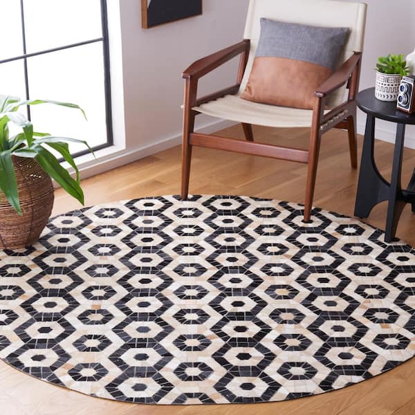 Studio Leather Black Beige 6 ft. x 6 ft. Abstract Geometric Round Area Rug