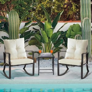 Metal Outdoor Rocking Chair with Beige Cushions 3-Piece Rocking Bistro Set Patio Steel Conversation Glass Coffee Table