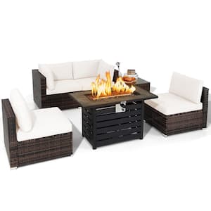 6-Piece Plastic Wicker Patio Conversation Set with Off White Cushion 42 in. Fire Pit Table