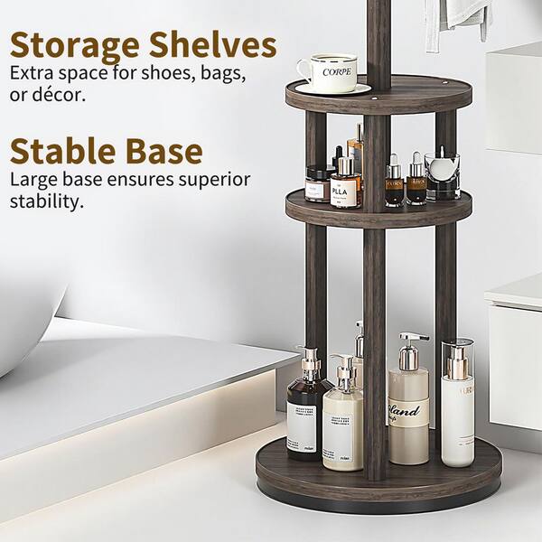 VECELO Rotating Coat Rack with Shelves, Freestanding Hall Tree w