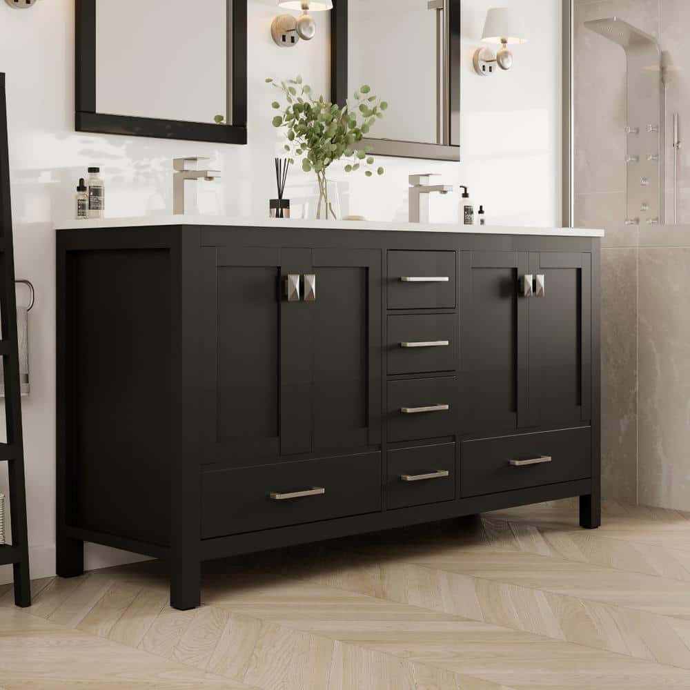 Espresso Double Sink Bathroom Vanity with Carrara Quartz Top