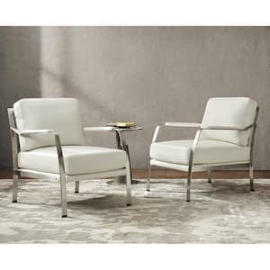 Marte White Modern Genuine Leather Armchair with Solid Stainless Steel Frame Set of 2