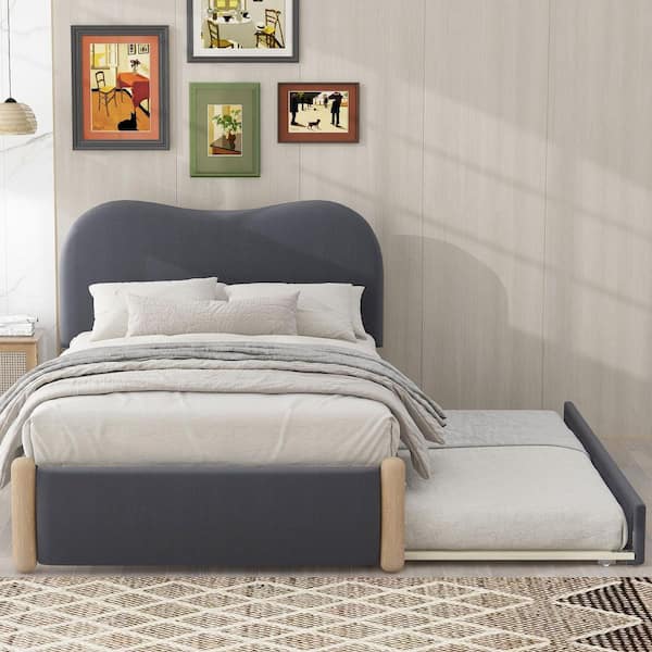 Gray Wood Frame Twin Size Platform Bed with Wood Supporting Feet and Twin Size Trundle