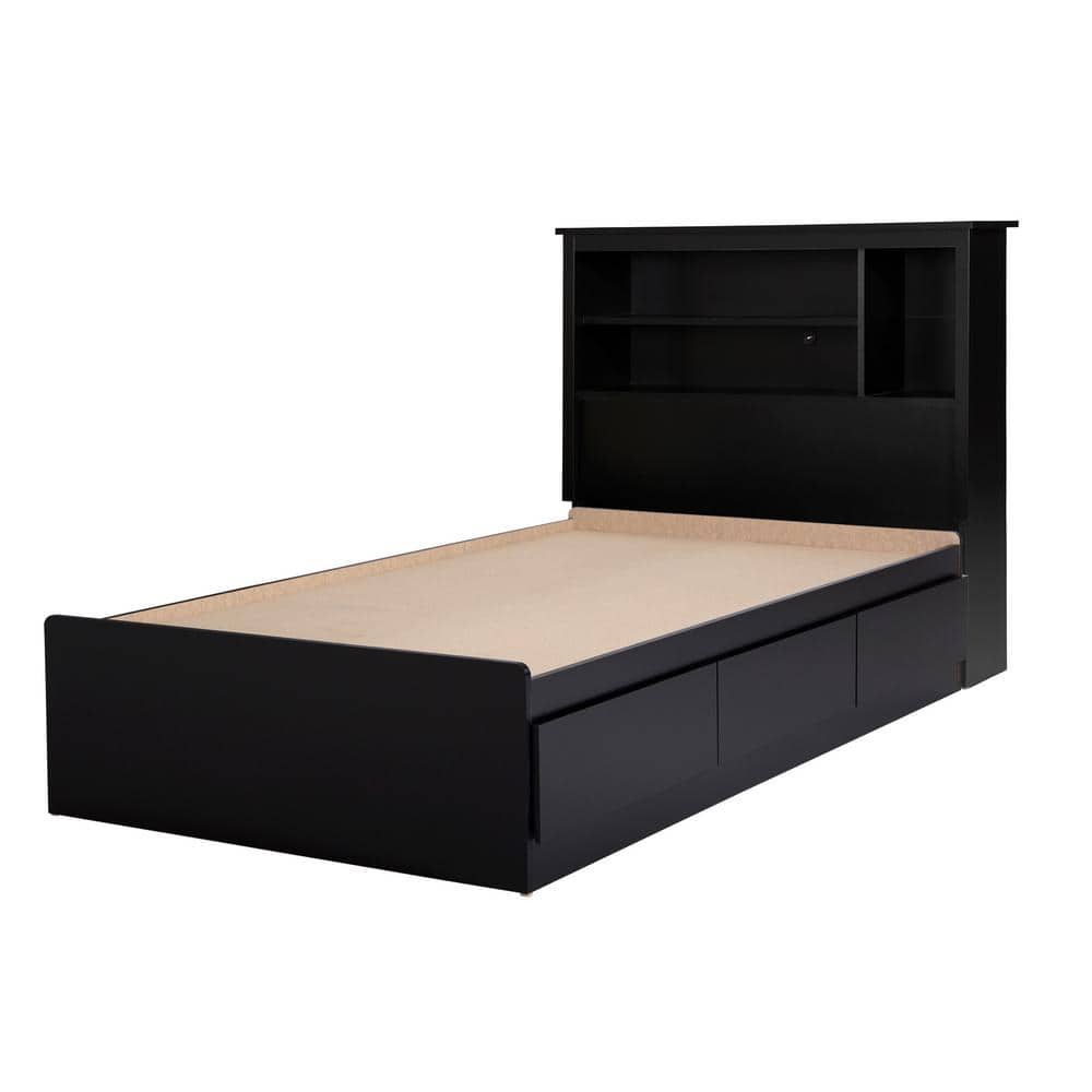 Black Twin Wood Storage Bed with Bookcase Headboard and Drawers