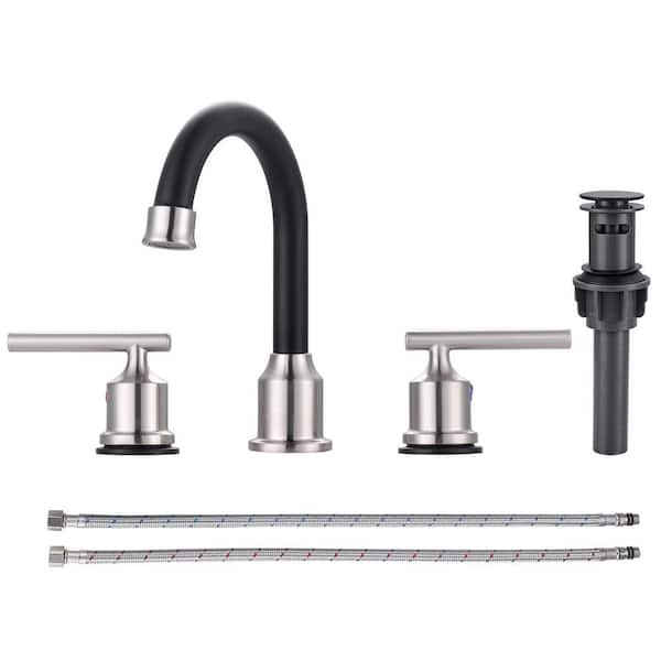 VEVETTA 8 in. Widespread Stainless Steel Double Handle Bathroom Faucet with Pop Up Drain and Supply Hoses in Nickel and Black