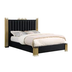 Clarisse Black Velvet Fabric Upholstered Wood Frame Queen Platform Bed With Gold Stainless Steel Legs