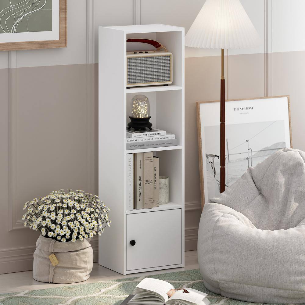 White Composite Wood 4-Tier Bookcase with Door Storage