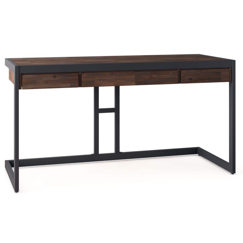 Distressed Charcoal Brown Acacia Wood Industrial Desk with Drawers