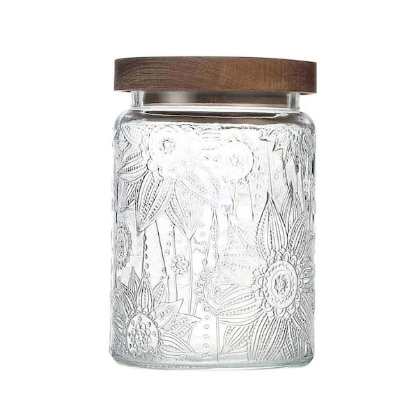 Vintage Sunflower Begonia Series Glass Storage Jar Set Airtight Bamboo Lid Kitchen Food Container 24 oz.