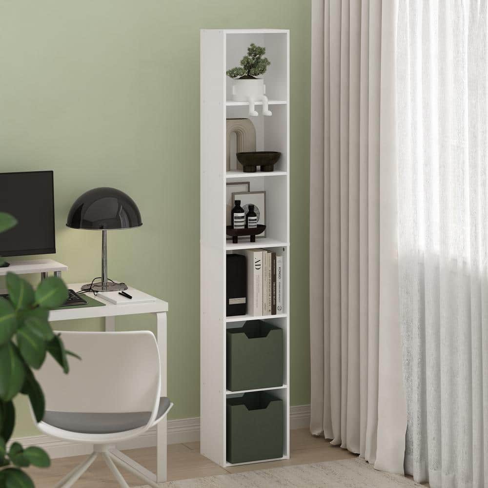 Tall White Laminated Wood 6-Shelf Bookcase