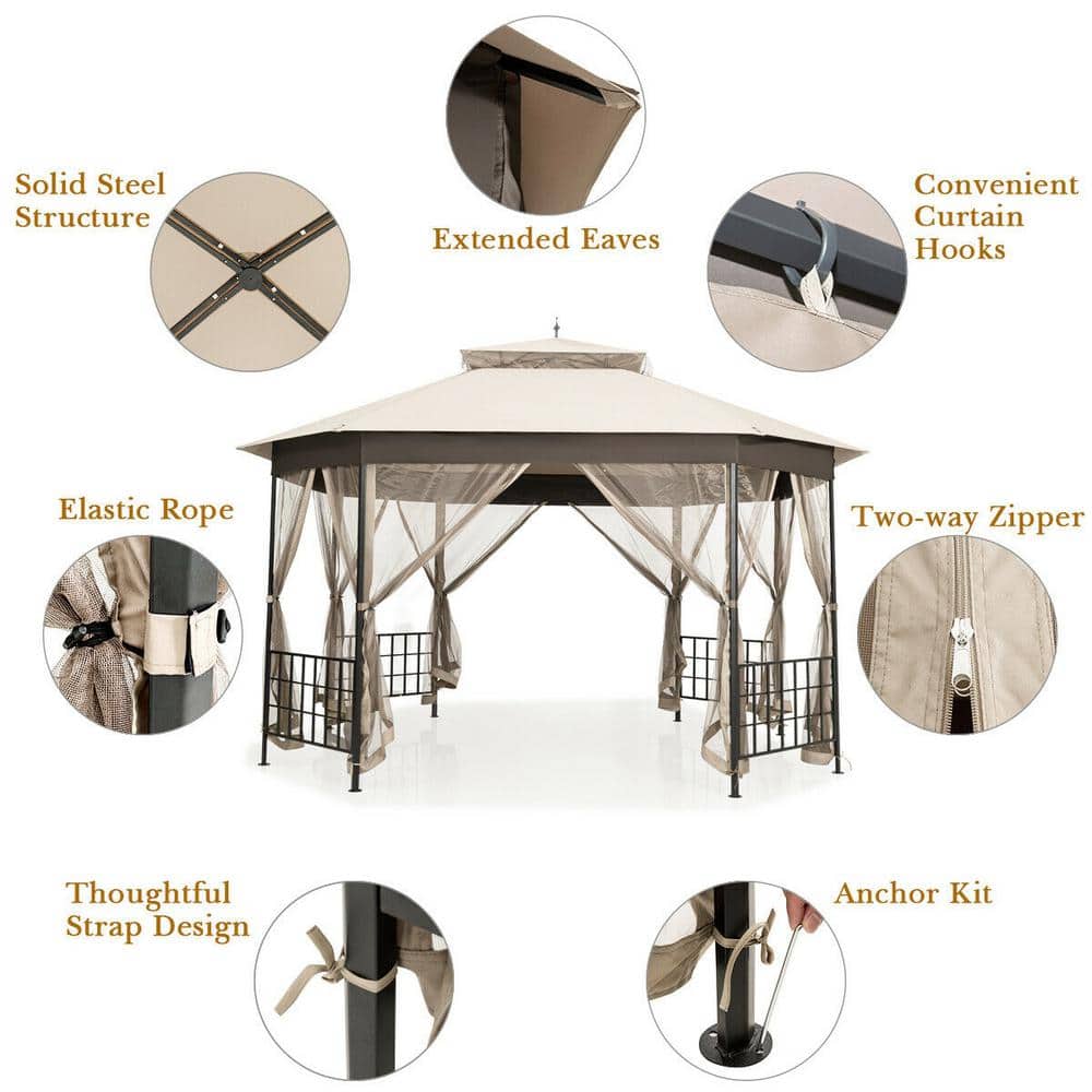 12-ft x 10-ft Beige Metal Polyester Octagonal Gazebo