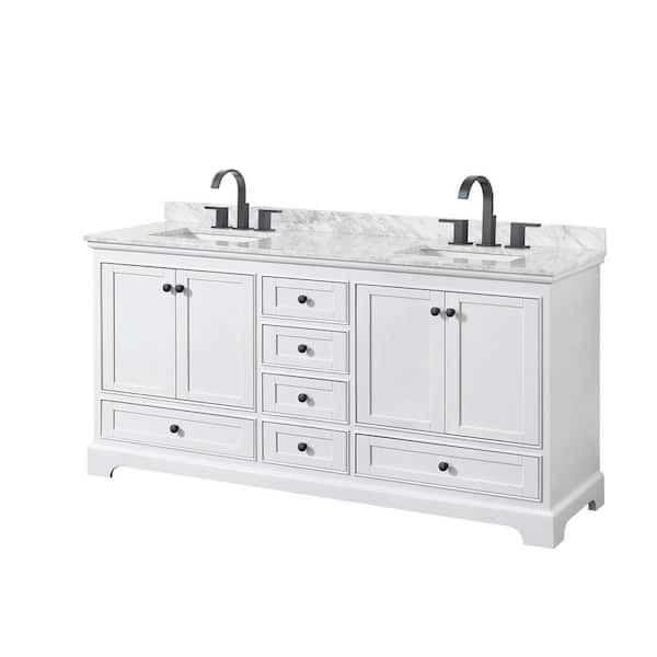 Wyndham Collection Deborah 72 in. W x 22 in. D x 35 in. H Double Bath Vanity in White with White Carrara Marble Top
