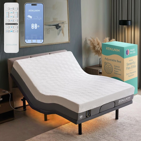 Renanim Gray Adjustable Bed Frame Full with 12 in. Hybrid Mattress, USB, Under Bed Light, App Control Adjustable Bed Base