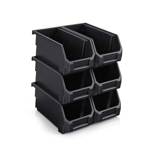 Sorbus Open Front Stackable Garage Plastic Storage Bin – Organize Tools, Hardware & Shelving - Large, Set of 6, Black