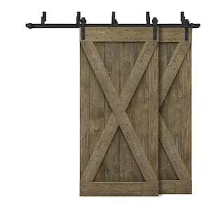 64 in. x 84 in. X Bypass Aged Barrel Stained DIY Solid Wood Interior Double Sliding Barn Door with Hardware Kit