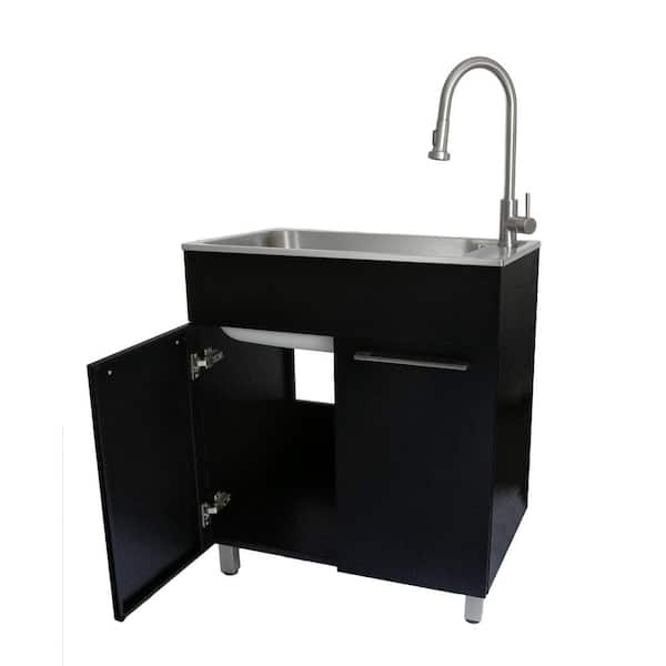 Glacier Bay 28 in. W x 10 in. D x 22 in. L Freestanding Stainless Steel Laundry Sink with Faucet and Double Door Cabinet in Black