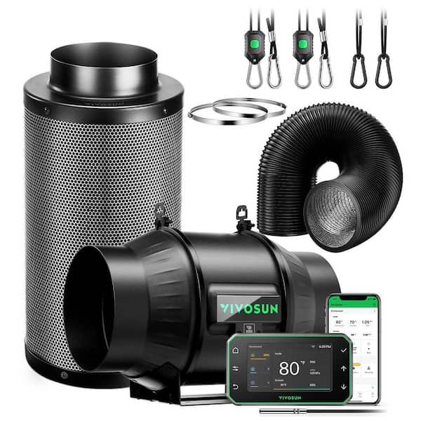 AeroZesh T6 6 in. Inline Duct Fan Kit with GrowHub E42A Plus Controller, Black Carbon Filter and 8 ft. Ducting