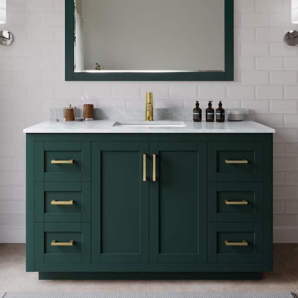 Miranda 54 in. W x 22 in. D x 33.75 in. H Single Sink Bath Vanity in Green with White Carrara Marble Top and Mirror