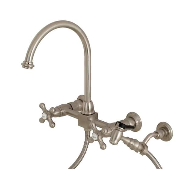 Kingston Brass Restoration 2-Handle Wall-Mount Standard Kitchen Faucet with Side Sprayer in Brushed Nickel