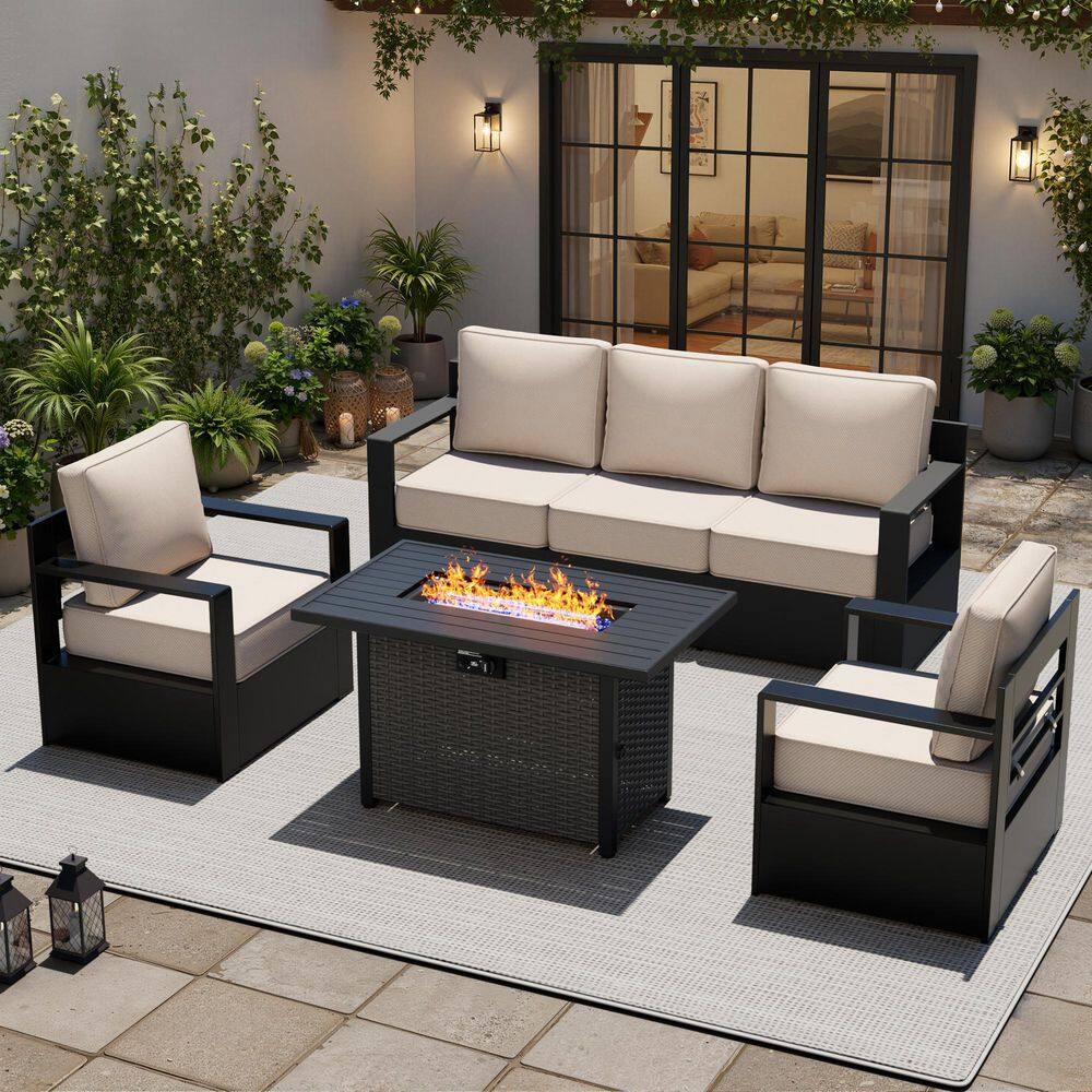 6-Piece Patio Fire Pit Set with Aluminum Armrests, Sofa, Lounge Chairs, Swivel Rocking Chair and Beige Cushions price history on PriceWatchPro
