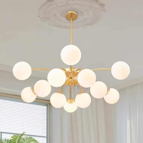 HUOKU Ceder 12-Light 39.4 in.Dia Brass Modern Sputnik Chandelier Convertible to Semi Flush Mount Ceiling with Opal Globes