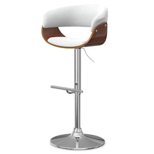 Sheldon Wood Swivel Adjustable Height Bar Stool Chair in White Vegan Faux Leather Mid Century Modern
