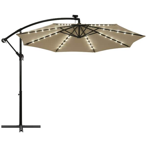 WELLFOR 10 ft. Iron Cantilever Solar Tilt Patio Umbrella in Tan with LED Lights