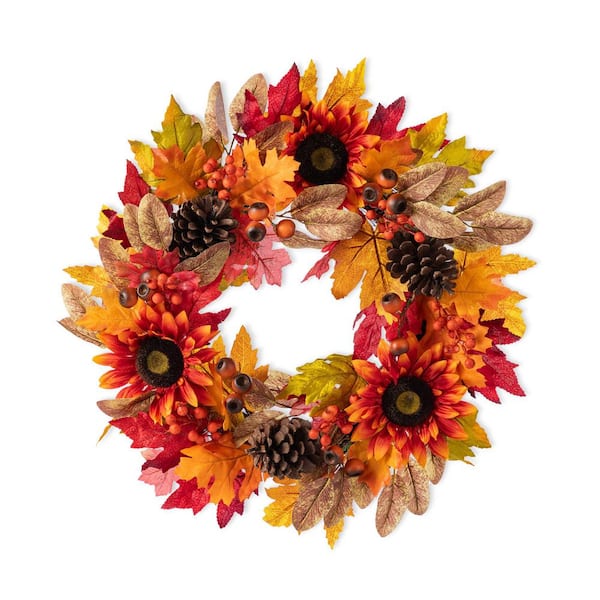 24 in. D Fall Unlit Sunflower, Pinecone and Berry Wreath Includes a Black Metal Artificial Christmas Wreath Hanger