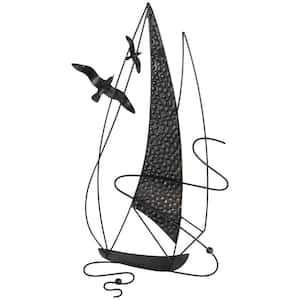 15 in. x 30 in. Metal Blue Sail Boat Wall Decor with Black Wire Outline and White Bird Accents