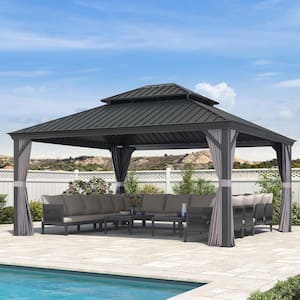 14 ft. x 16 ft. Luxury Patio Outdoor Gazebo for Backyard Hardtop Aluminum Frame with Netting, Hooks, Upgrade Curtain