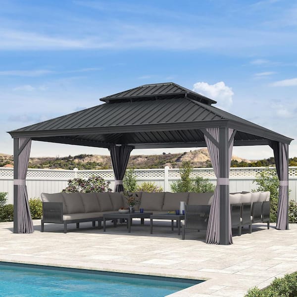 14 ft. x 16 ft. Luxury Patio Outdoor Gazebo for Backyard Hardtop Aluminum Frame with Netting, Hooks, Upgrade Curtain