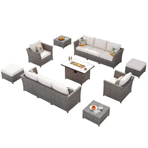 Bexley Gray 13-Piece Wicker Rectangle Fire Pit Patio Conversation Seating Set with Fine-Stripe Beige Cushions