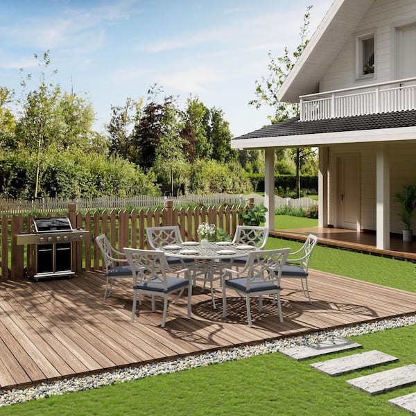 7-Piece Gray Cast Aluminum Round Outdoor Dining Set with Dark Gray Cushions